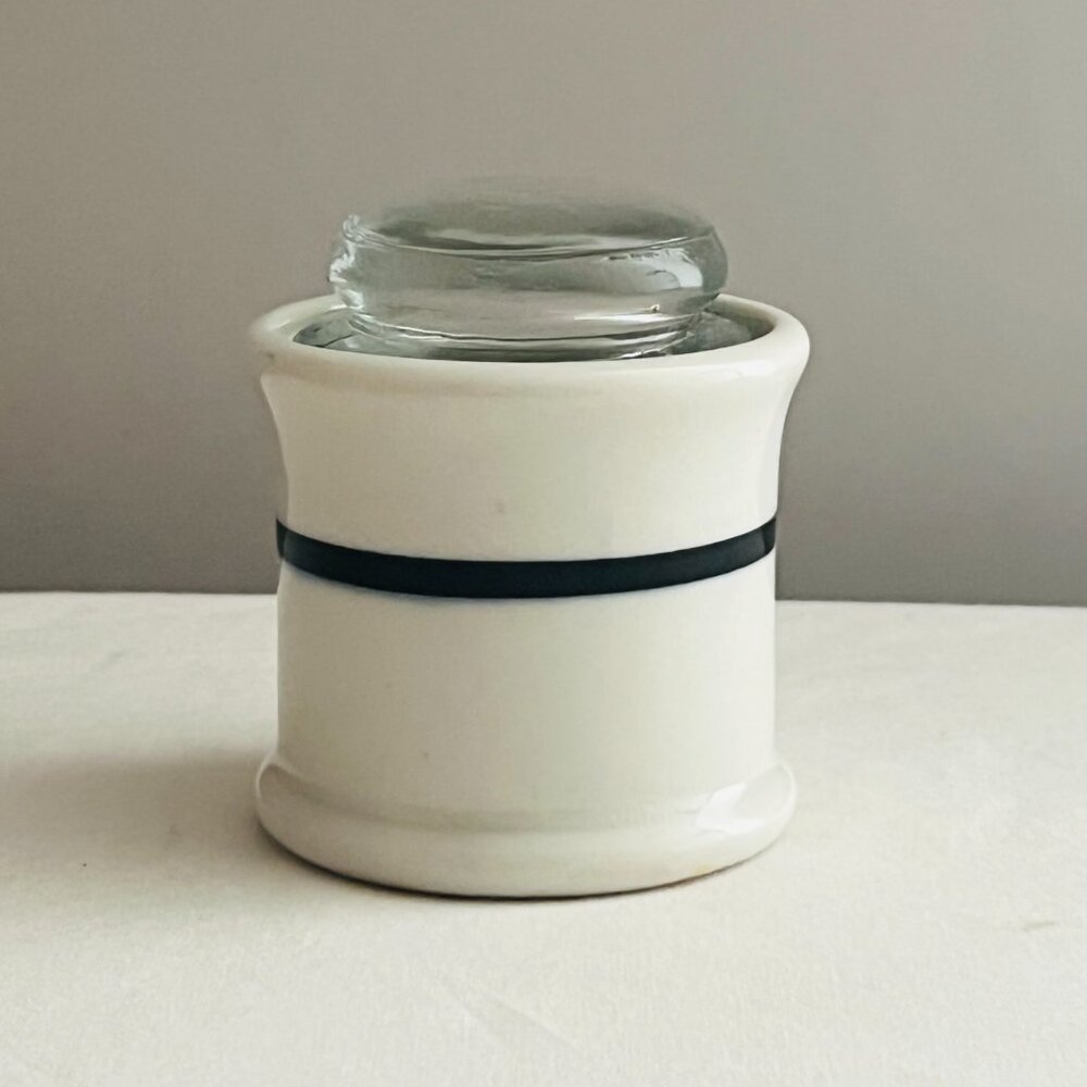 Mid-Century White Ceramic Blue Stripe Mustard Jar